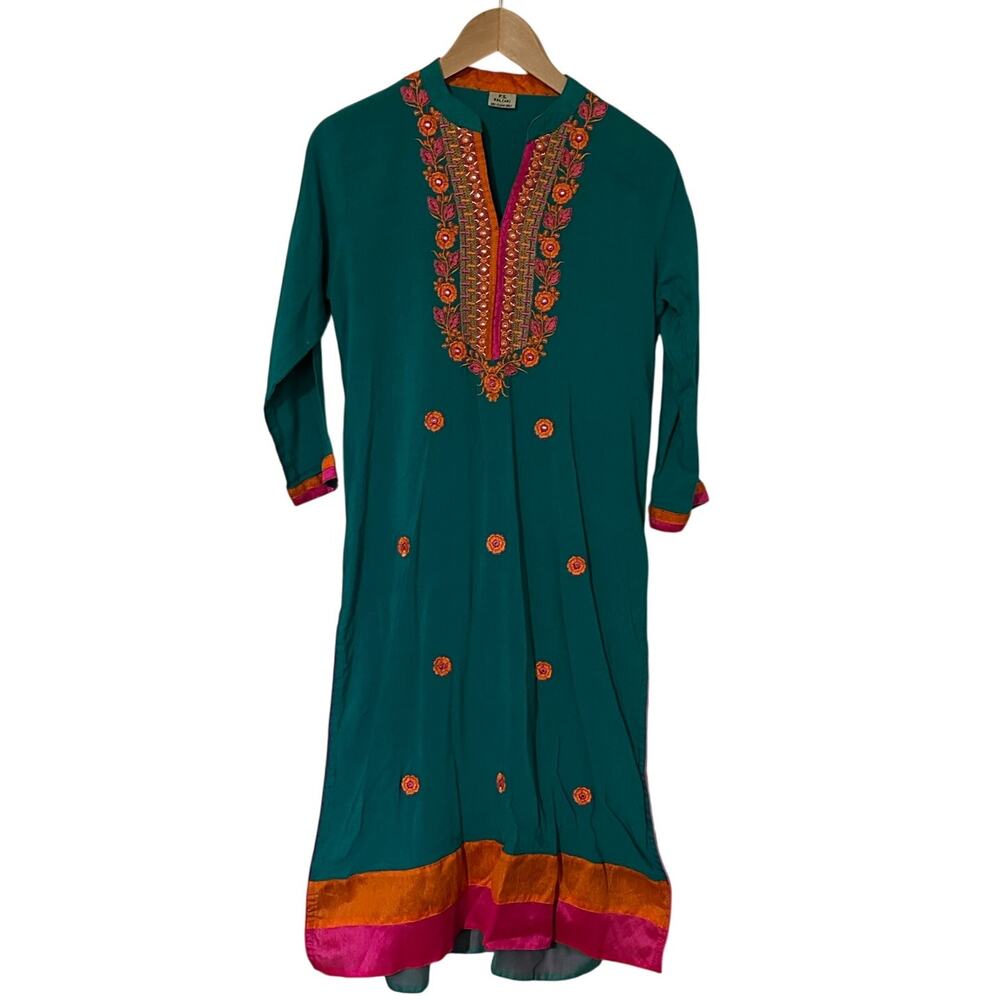 Vintage Embroidered Indian Kurti Long Tunic Top Teal Multi Womens Size (45)
